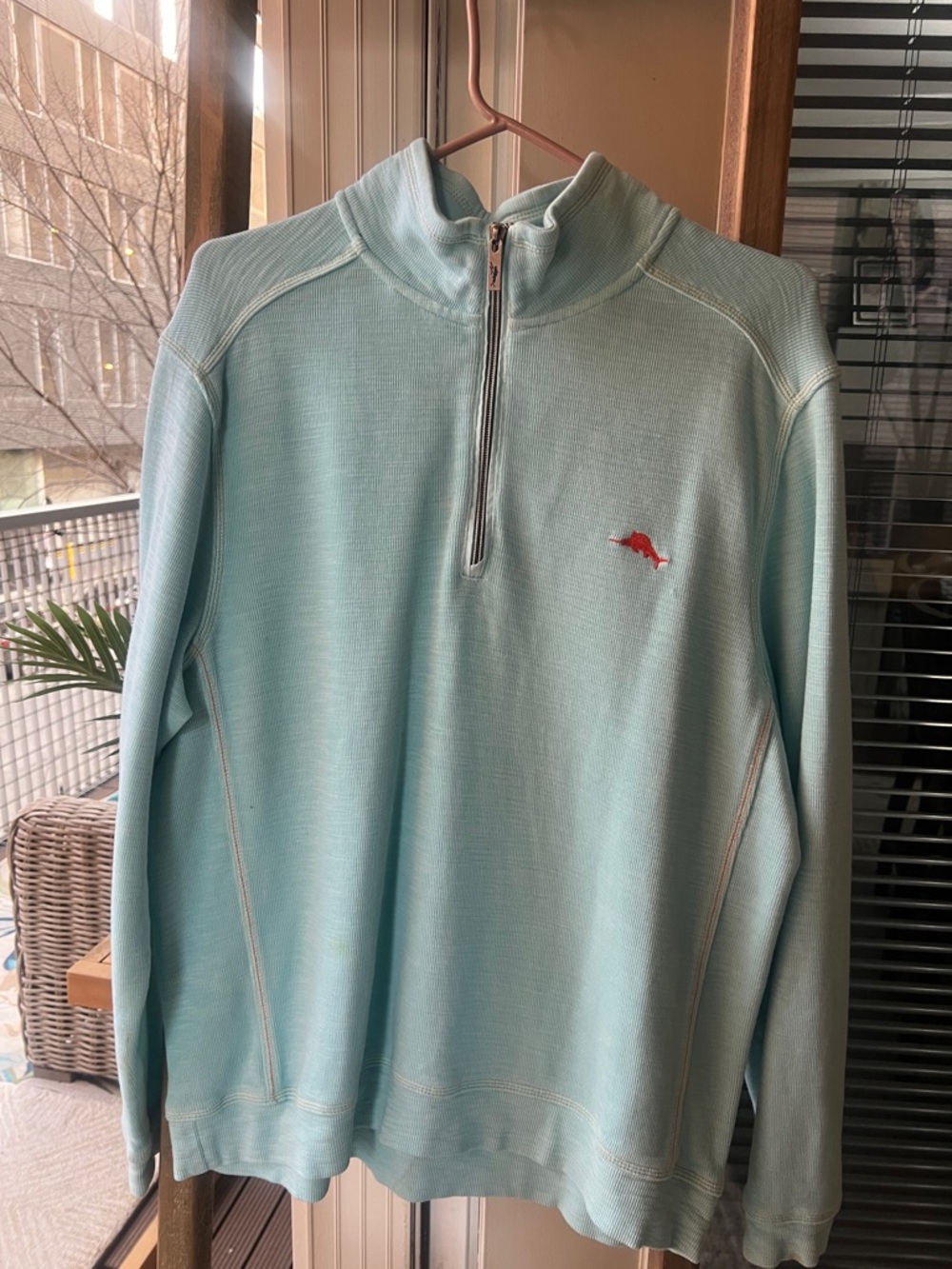 Tommy Bahama Light Aqua Half-Zip Pullover with Red Fish Logo